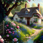 Red-roofed cottage surrounded by flowers, tree, stone path, under purple sky