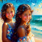 Smiling girls in floral dresses on sunny beach painting