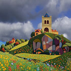 Colorful landscape with castle on green hill and flower fields