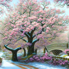 Pink vintage car under cherry blossoms on winding road with greenery & purple flowers