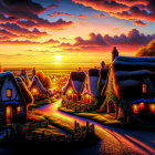 Scenic village sunset: cozy cottages, winding road, vibrant flowers