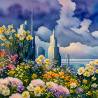 City skyline and wildflowers under dramatic sky