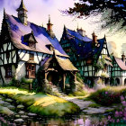 Illustration of Tudor-style cottages in lush landscape