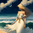 Blonde woman in white gown by the sea under starry sky