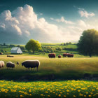 Tranquil landscape with grazing sheep, lush field, lake, trees, and colorful flowers