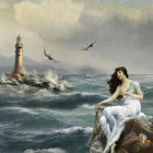 Woman in white with dark hair sitting on rock amidst stormy sea waves.