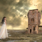 Woman in flowing gown gazes at ancient tower in dramatic sunset landscape