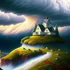 Surreal illustration of grand white house on terraced hill with waterfalls under stormy sky