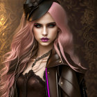 Illustrated Female Character with Pink Hair and Bold Red Lips in Studded Jacket and Black Hat Against Orn