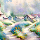 Colorful painting of serene village with cottages and forest backdrop