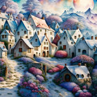 Snowy village illustration: quaint houses, glowing windows, colorful bushes, twilight sky, large moon.