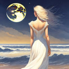 Woman in white dress admires glowing moon on serene beach at night