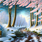 Snow-covered winter forest with stream, sunlight, and pink flora