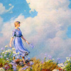 Woman in Blue Dress with Floral Headpiece Sitting by Whimsical Castle amid Blooming Flowers and Mist