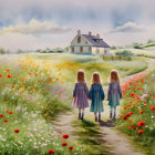 Three young girls in colorful flower field near quaint house under cloudy sky