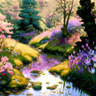 Colorful Garden Scene with Stream and Blooming Flowers