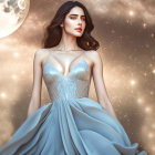 Woman in blue gown with flowing hair under lunar backdrop