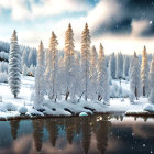 Snow-covered trees and starry night sky over calm lake