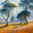 Serene landscape painting with windswept trees and golden meadow