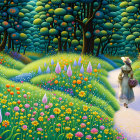 Colorful Stylized Painting of Woman in Whimsical Forest