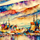 Colorful Fantasy Village Painting Among Hills and Water