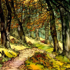 Vibrant foliage and twisted trees on sunlit forest path