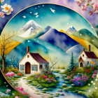 Fantasy landscape with blossoming trees, flowers, cottages, lakes, and snowy mountains