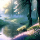 Tranquil landscape with stream, flowers, and trees