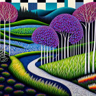 Colorful Psychedelic Landscape with Stylized Trees and Patterns