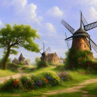 Traditional windmills, quaint houses, and lush greenery in idyllic countryside setting