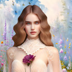 Fantasy maiden with blonde hair and flowers in mountain lake scene