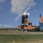 Colorful coastal painting: red windmill, white house, flower field