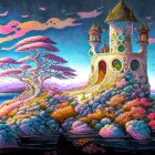 Colorful fantasy landscape: castle on cliff, vibrant trees, mountains, birds