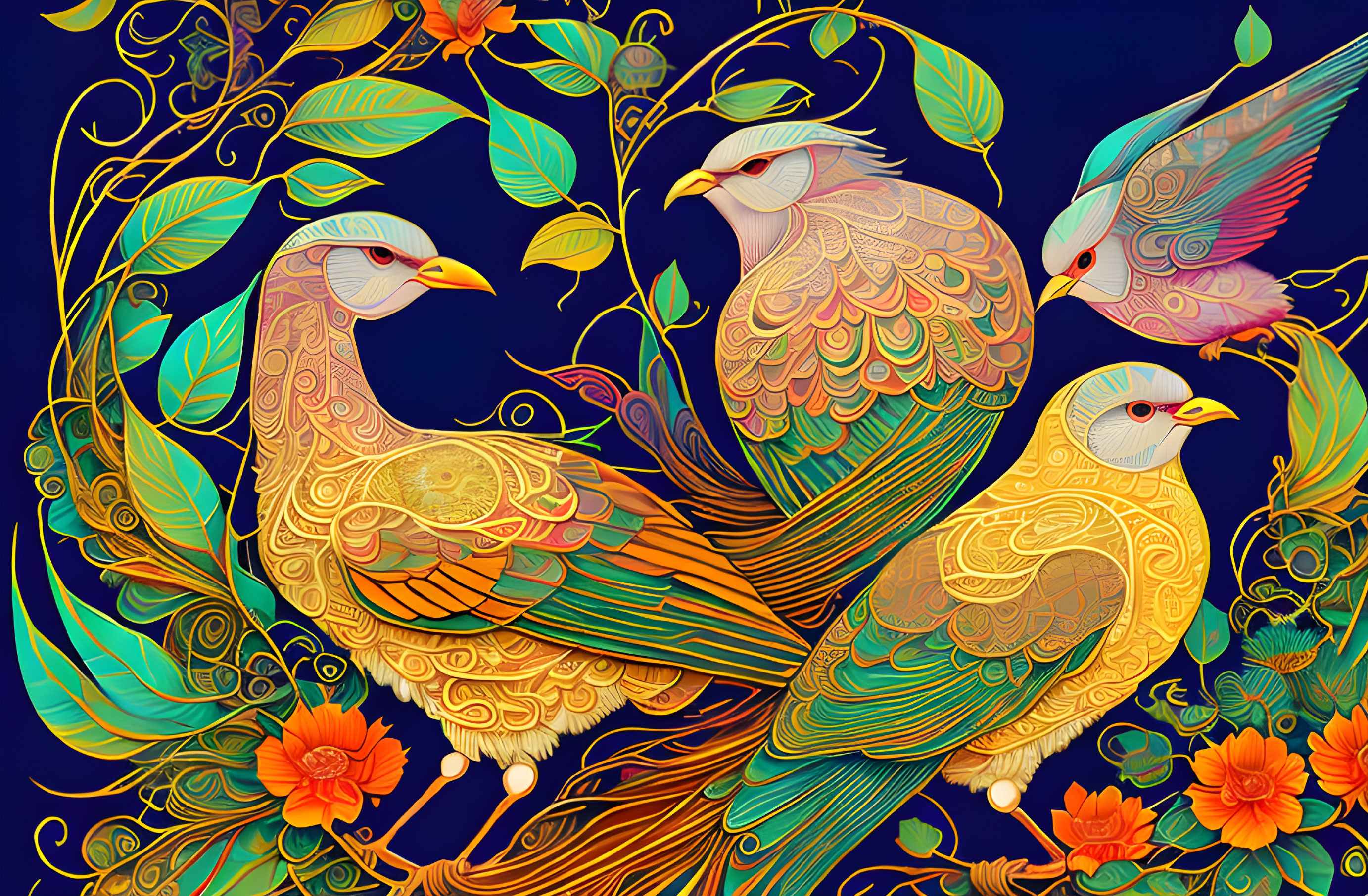 Colorful Birds Illustration with Ornate Feathers on Dark Blue Background