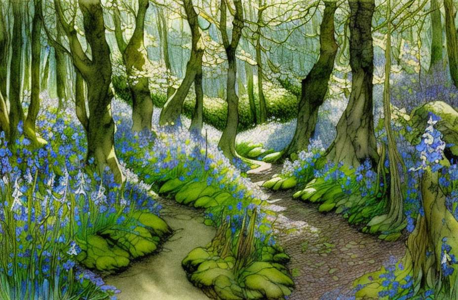 Serene Forest Path with Lush Bluebells and Green Foliage