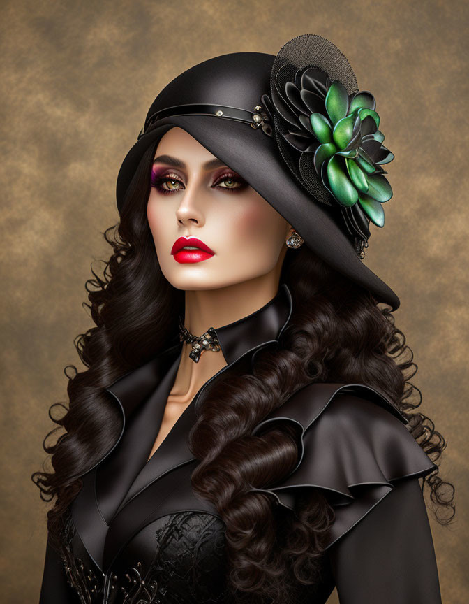 Portrait of Elegant Woman with Long Wavy Hair and Dramatic Makeup in Black Hat and Dark Blouse