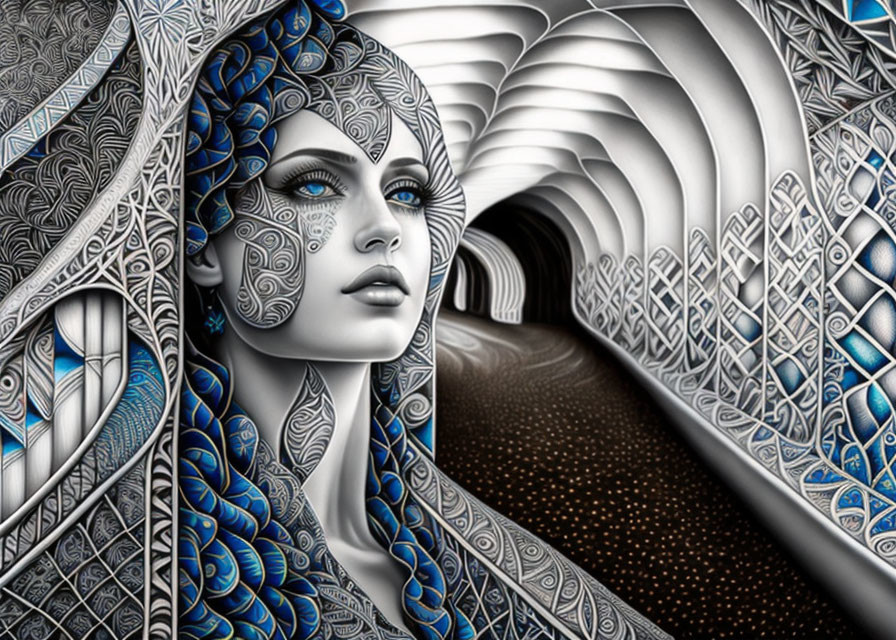 Detailed Blue Patterned Woman in Elaborate Tunnel Background