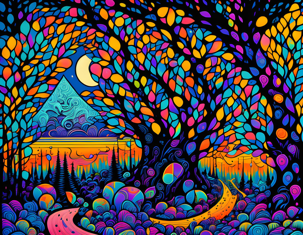 Colorful Psychedelic Landscape with Moon, Forest, River, and Hills