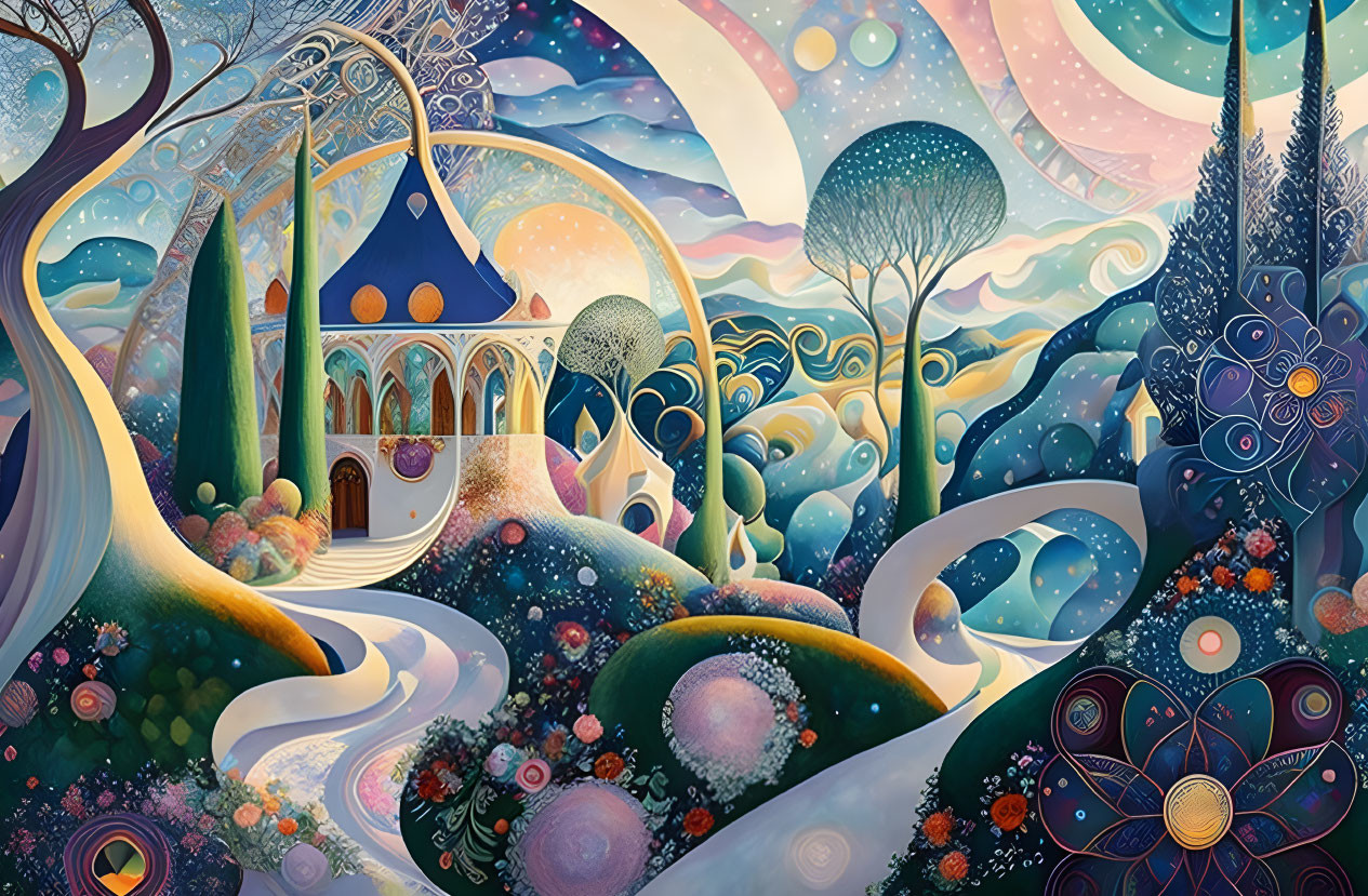 Colorful Swirling Landscape with Domed Building and Trees