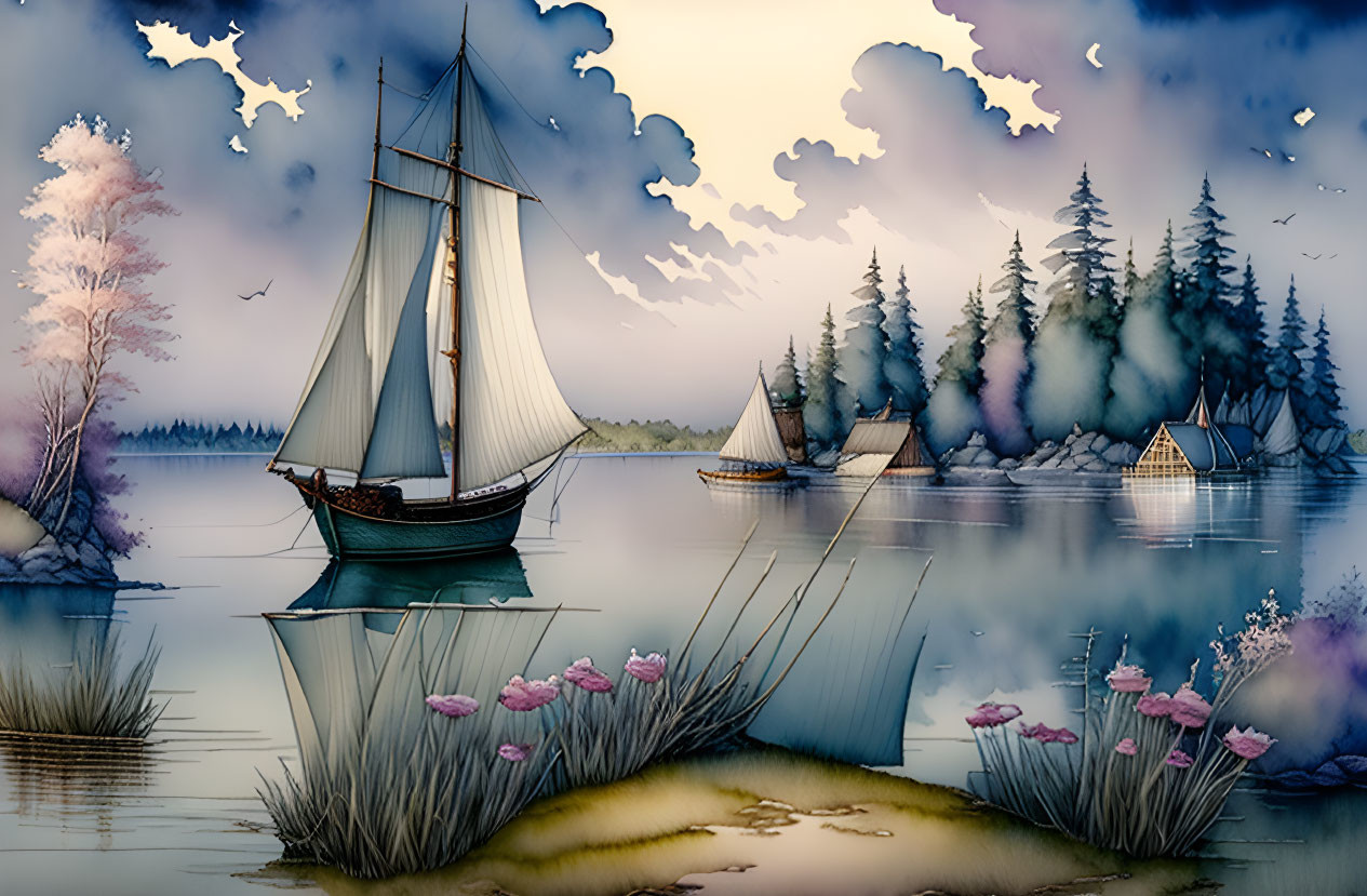 Tranquil lake scene with sailboats, pine trees, flowers, and birds at dusk