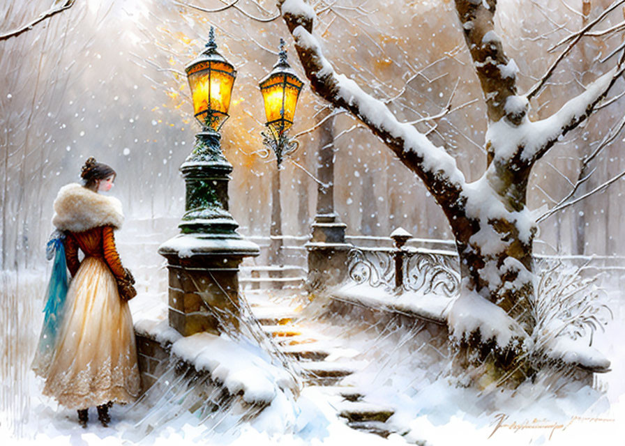 Vintage woman in fur shawl by snow-covered stairs and street lamps.