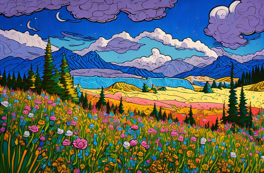 Colorful Mountain Landscape with Floral Foreground and Swirling Clouds