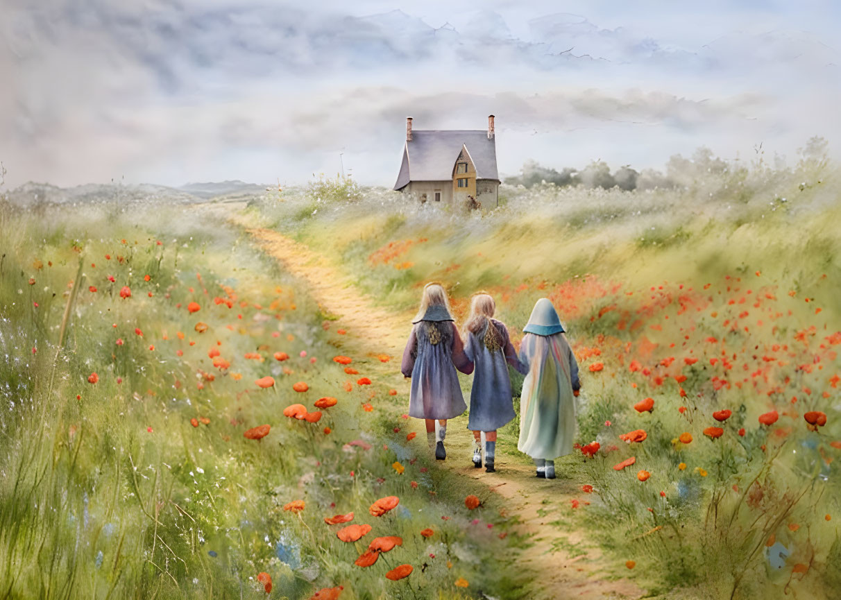 Children walking through poppy field towards house under pastel sky