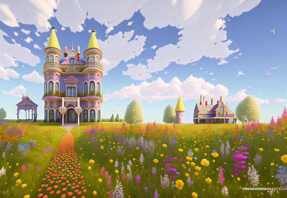 Colorful Fairytale Castle in Lush Meadow with Flowers