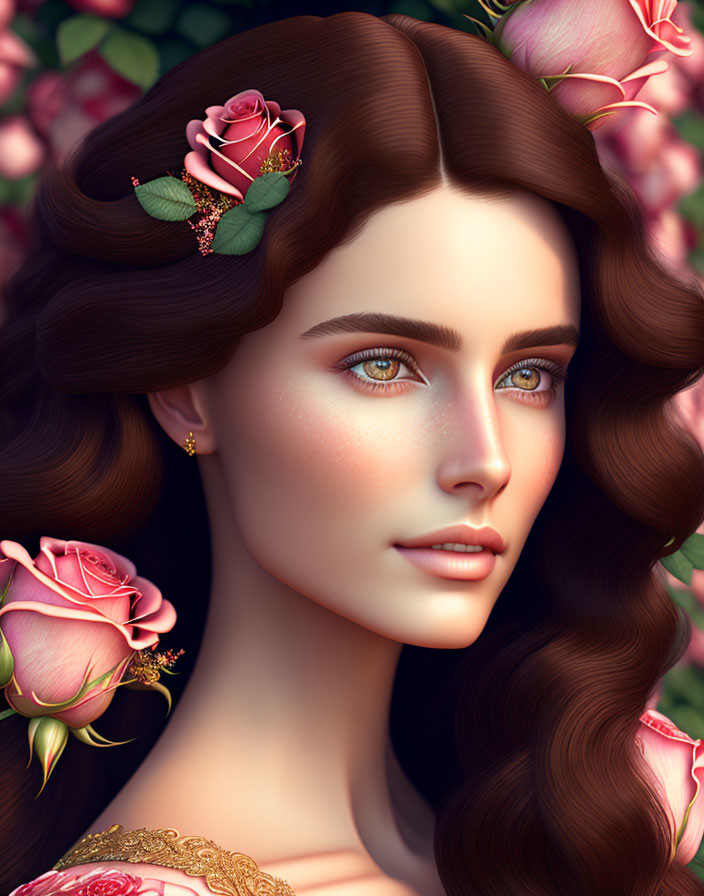 Detailed digital portrait of a woman with wavy hair and roses, serene expression