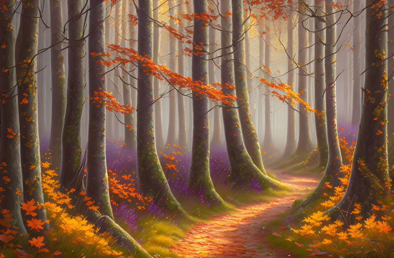 Tranquil Autumn Forest Scene with Winding Path and Orange Leaves