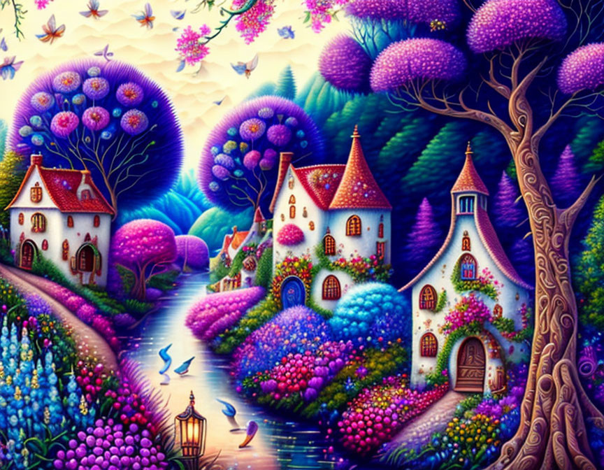 Colorful fantasy landscape with cottages, winding path, and purple tree canopy