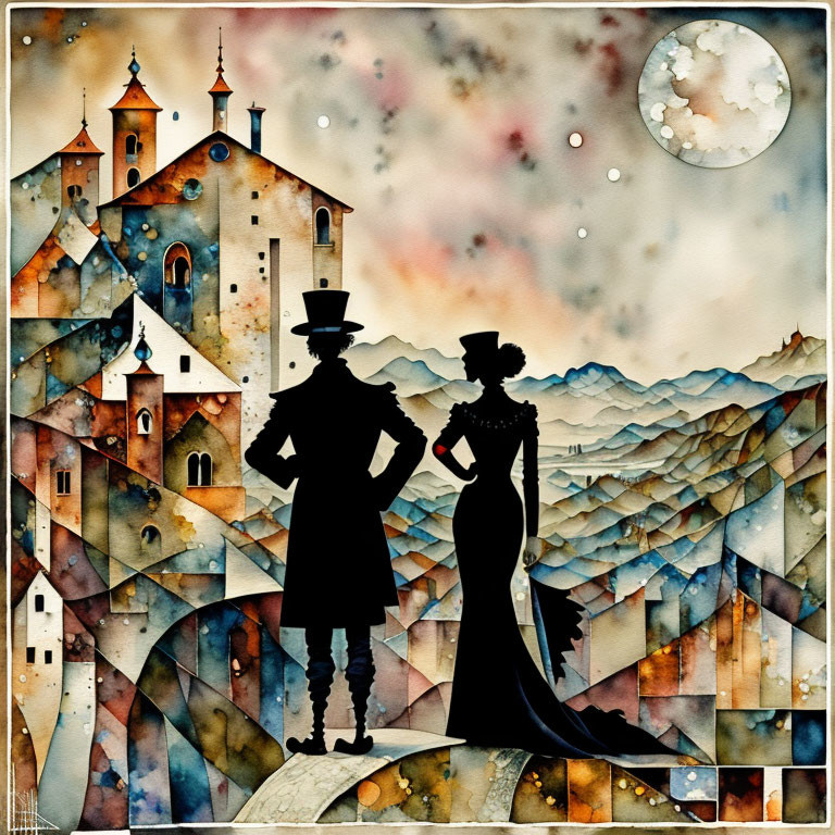 Victorian couple silhouette painting with whimsical background