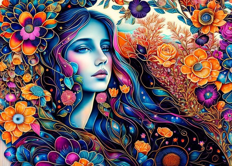 Colorful digital artwork: Woman with floral hair in vibrant blues, oranges, and purples