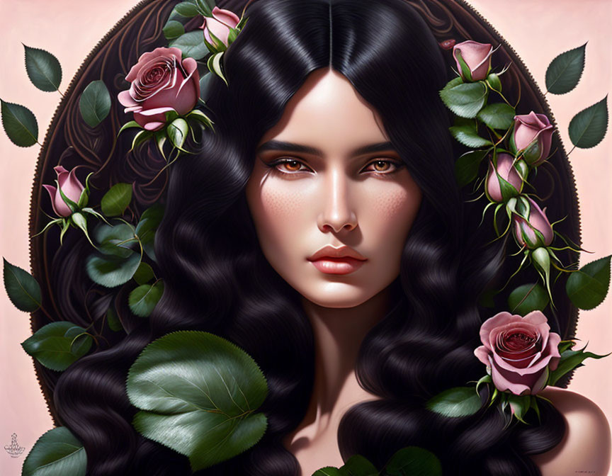 Illustrated portrait of a woman with black hair, pink roses, and green leaves on pink background